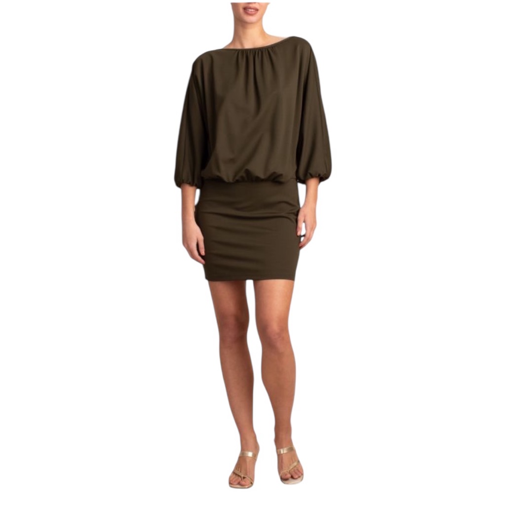 Trina Turk Bella Blouson Career Olive Green Boat Neck 3/4 Dolman Sleeve Dress M